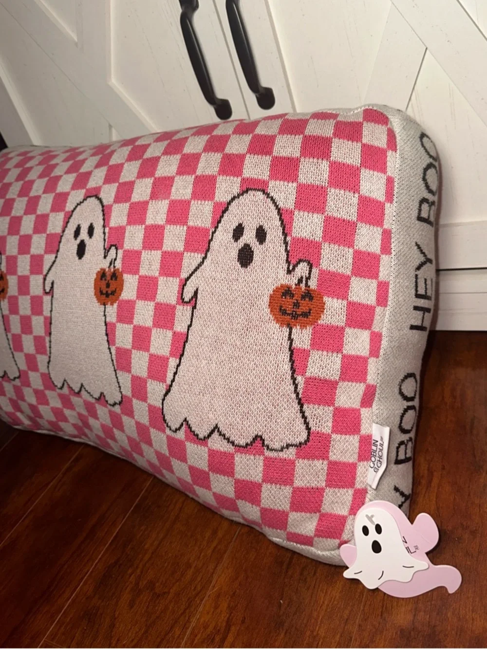 Pink Checkered Ghost Halloween Decorative Pillow